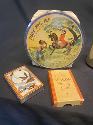 Blue Tail Fly Record & Beacon Playing Cards w/Cotton & Cotton Picking Workers Graphic
Keywords: Black Americana;Antique;Collectable;Children's Record;Playing Cards;eldred;allcpgphotos