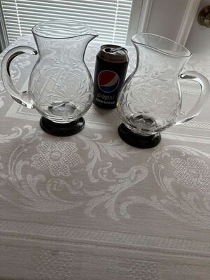 Pair Antique Glass Lemonade Pitchers Silver Base Two Etched Glass Serving Pitchers  
Keywords: Antique Glass;Pitcher;Etched Glass;Crystal;Sterling;Silver;Tableware;eldred;allcpgphotos