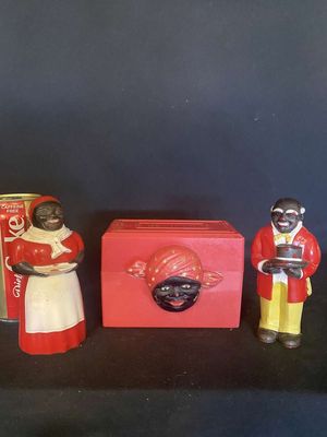 Mammy Recipe Box w/Crack  & F & F Die Works Salt & Pepper Set
Keywords: Black Americana;Antique;Collectable;F & F Die Works;Mammy;Recipe Box;S & P;eldred;allcpgphotos