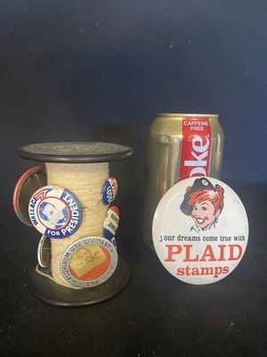 Antique Political Buttons on Spool - Kennedy, Johnson, Wallace for President, U.A.W. Union, Nixon Lodge & Plaid Stamp 
Keywords: Antique;Campaign Button;Kennedy;Johnson;Wallace;Nixon;Plaid Stamp;eldred;allcpgphotos