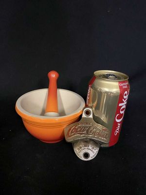 LeCreuset 8 oz. Mortar Pestle - New Stoneware Red Orange Ribbed & Vintage Coca-Cola Wall Bottle Cap Opener
Keywords: Vintage;LeCreuset;Mortar Pestle;Coca-Cola;Collectable;eldred;allcpgphotos