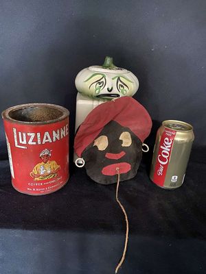 Black Americana Vintage Luzianne Tin Can, Ceramic Onion Jar & Mammy String Holder
Keywords: Antique;Vintage;Black Americana;Luzianne;Tin;Onion Jar;Mammy;String Holder;eldred;allcpgphotos