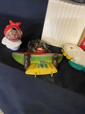 Vintage Omnibus Mammy Teapot (Age Crack on Bottom), 1949 Watermelon Boy Chalkware Holder & Black Sun Flower Girl Chalkware
Keywords: Black Americana;Antique;Collectable;Vintage;Chalkware;Watermelon;Omnibus;Teapaot;Mammy;eldred;allcpgphotos
