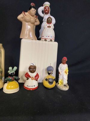 (8) Vintage Black Americana Novelties - (3) Black Men, (3) Mammy Salt & Pepper Shakers, Mammy Bell & Black Thimble
Keywords: Black Americana;Antique;Collectable;Vintage;S & P;Thimble;Mammy;Bell;eldred;allcpgphotos