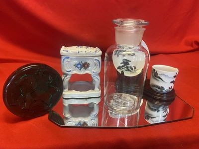 Vintage Blenko Mid Century Zodiac Lion Paperweight Leo, Antique Apothecary Jar, Combo Cigarette, Match Holder & Ashtray, Mirror, & Antique Demitasse Hong Kong Porcelain Cup & Saucer w/Stand
Keywords: Antique;Vintage;Mid Century;Blenko;Lion;Paperweight;Apothecary Jar;Cigarette Holder;Ashtray;Mirror;Demitasse;Porcelain Cup Saucer;eldred;allcpgphotos